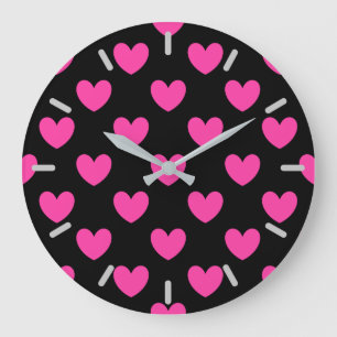 Fuchsia pink polka hearts on black large clock