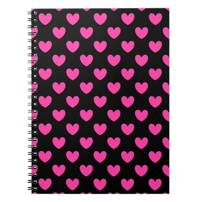Fuchsia pink polka hearts on black notebook (Front)