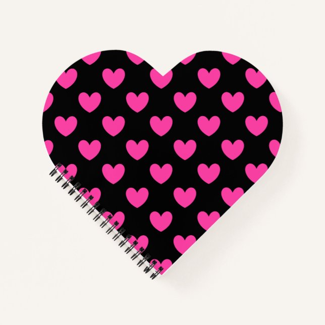 Fuchsia pink polka hearts on black notebook (Front)