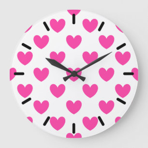 Fuchsia pink polka hearts on white large clock