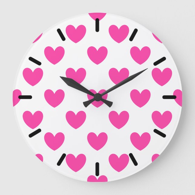 Fuchsia pink polka hearts on white large clock (Front)