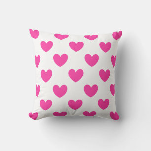Fuchsia pink polka hearts on white throw pillow
