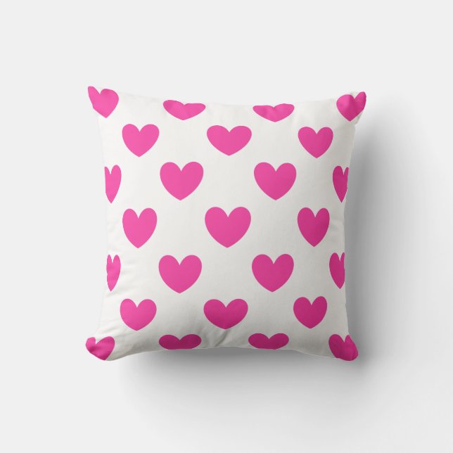 Fuchsia pink polka hearts on white throw pillow (Front)