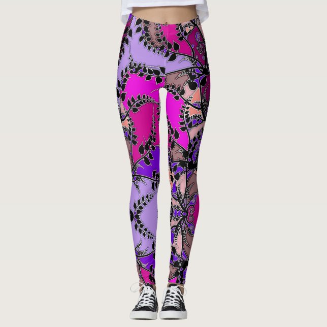 Fuchsia Pink Purple Lavender Black Leaves Abstract Leggings (Front)
