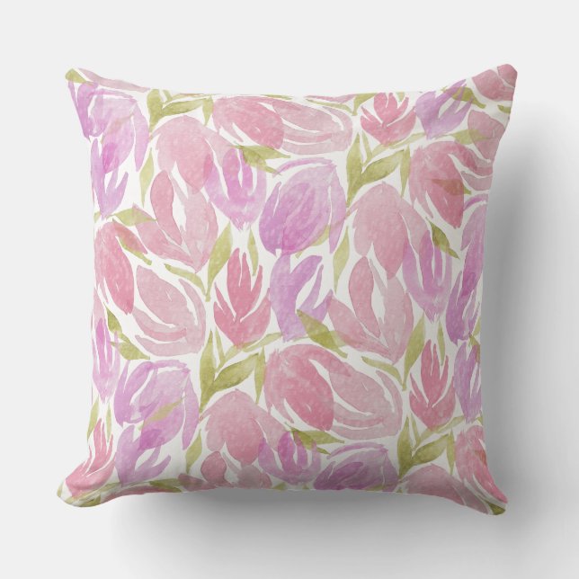 Fuchsia Pink Purple Watercolor Flowers Pattern Throw Pillow (Front)