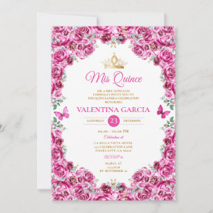 Fuchsia Pink Quinceañera 15 Anos Floral Gold Crown Invitation
