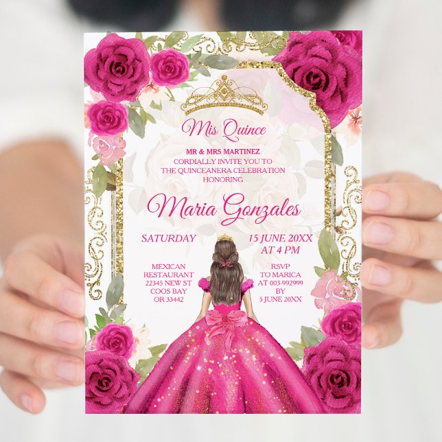 Fuchsia Pink Rose & Dress Charra Mis XV Anos Invitation (Creator Uploaded)