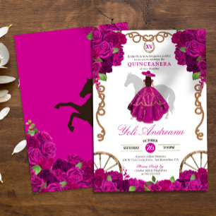 Fuchsia Pink Rose Western Charro Quince Años Invitation