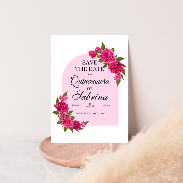Fuchsia Pink Roses & Butterfly arch Quinceañera Save The Date (Creator Uploaded)
