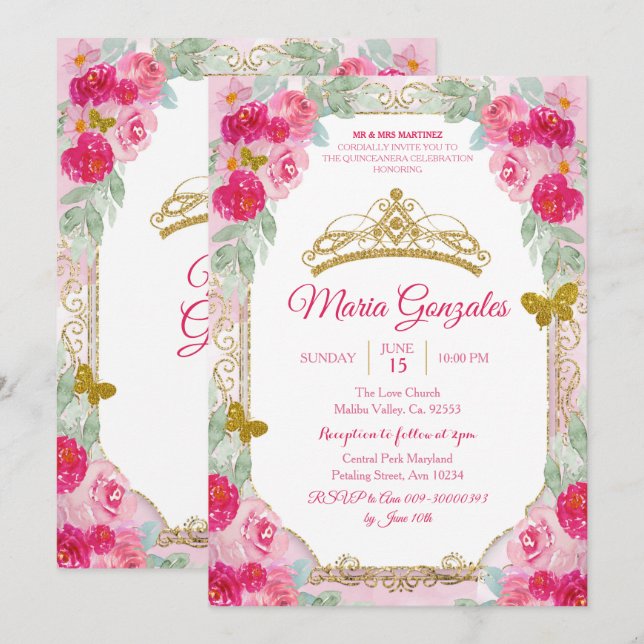 Fuchsia Pink Roses & Butterfly Mis Quince Invitation (Front/Back)