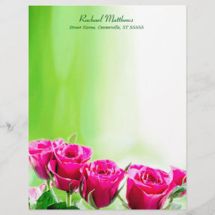 Fuchsia Pink Roses on Light Green Background Letterhead