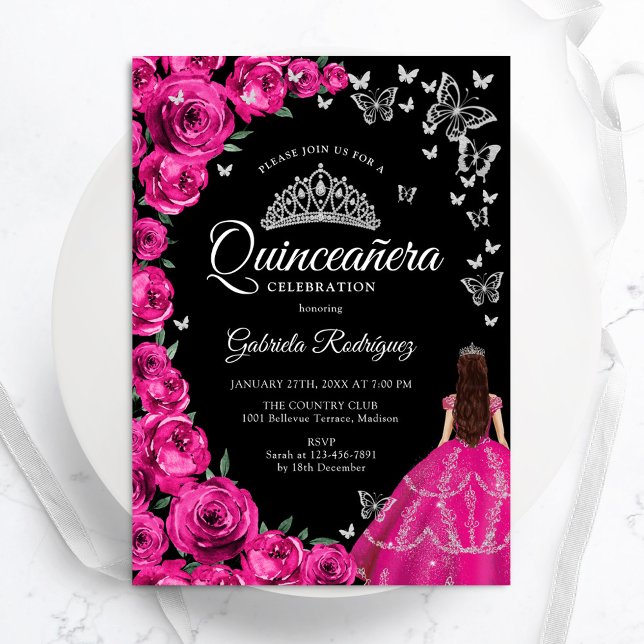 Fuchsia Pink Roses Silver Butterflies Quinceanera Invitation (Creator Uploaded)