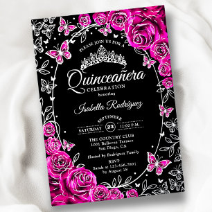 Fuchsia Pink Silver Black Roses Quinceanera