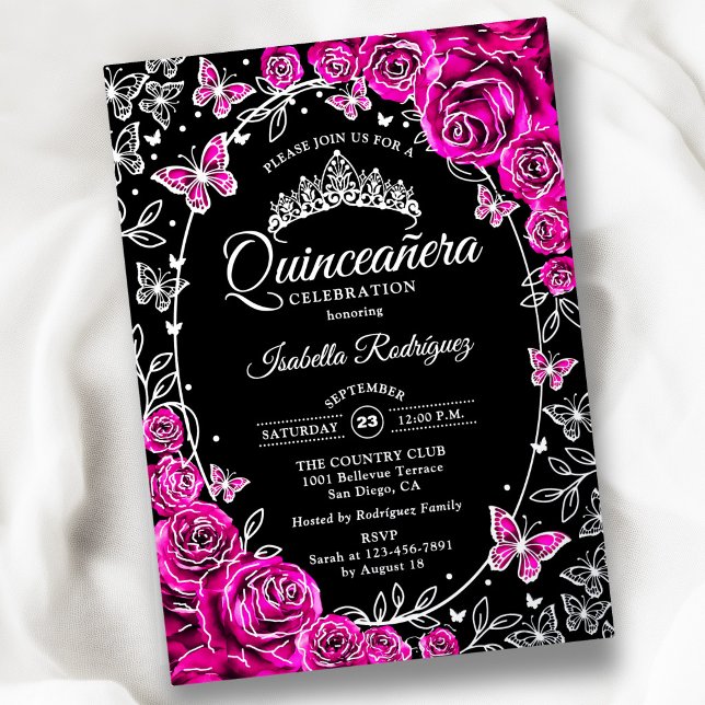 Fuchsia Pink Silver Black Roses Quinceanera (Creator Uploaded)