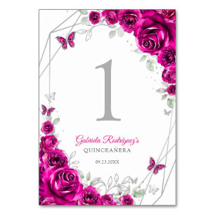 Fuchsia Pink Silver Floral Quinceanera Table Number