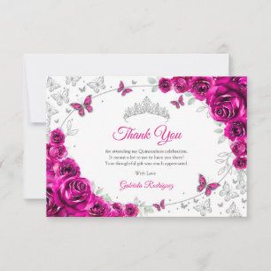 Fuchsia Pink Silver Floral Quinceanera Thank You Card