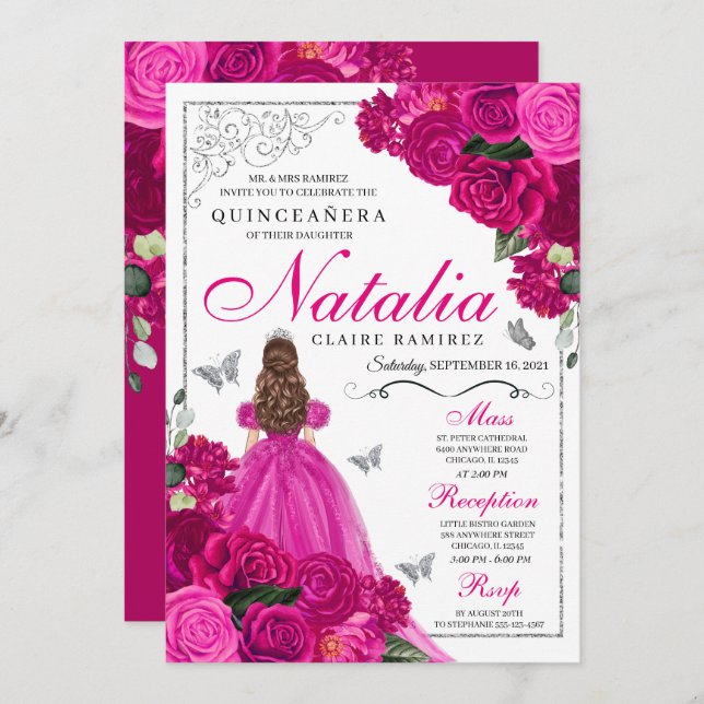 Fuchsia Pink Silver Princess Butterfly Quinceañera Invitation (Front/Back)