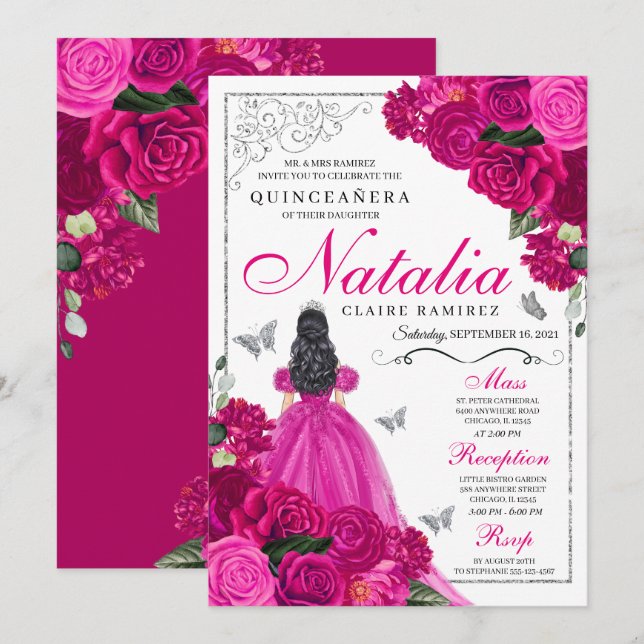 Fuchsia Pink Silver Princess Butterfly Quinceañera Invitation (Front/Back)