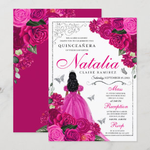 Fuchsia Pink Silver Princess Butterfly Quinceañera Invitation