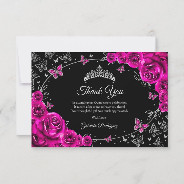 Fuchsia Pink Silver Quinceanera Thank You Card (Front)