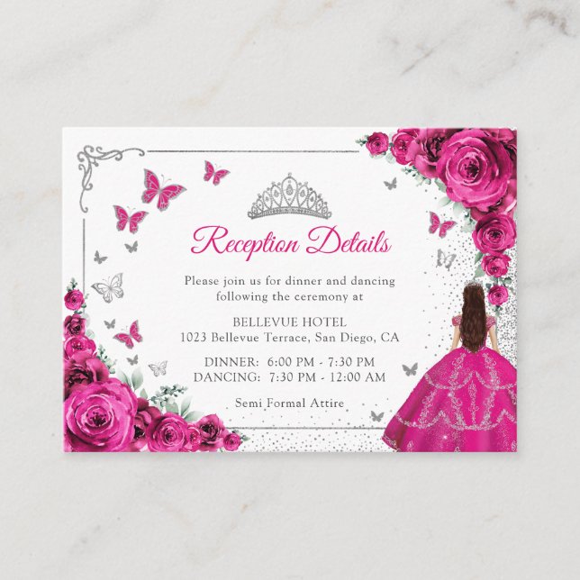 Fuchsia Pink Silver Quincenarea Reception Details Enclosure Card (Front)