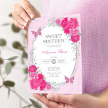Fuchsia Pink Silver Sweet Sixteen 16th Birthday Invitation<br><div class="desc">The perfect invitation for your daughter's Sweet 16 is finally here! The chic design features elegant watercolor pink & fuchsia roses,  sweet butterflies and a modern oval silver frame. Click the "customize further" button if you wish to re-arrange and format the style and placement of the text.</div>