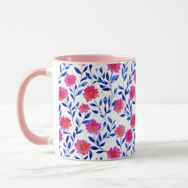 Fuchsia Pink Spring Flowers Watercolor Botanical Mug (Left)