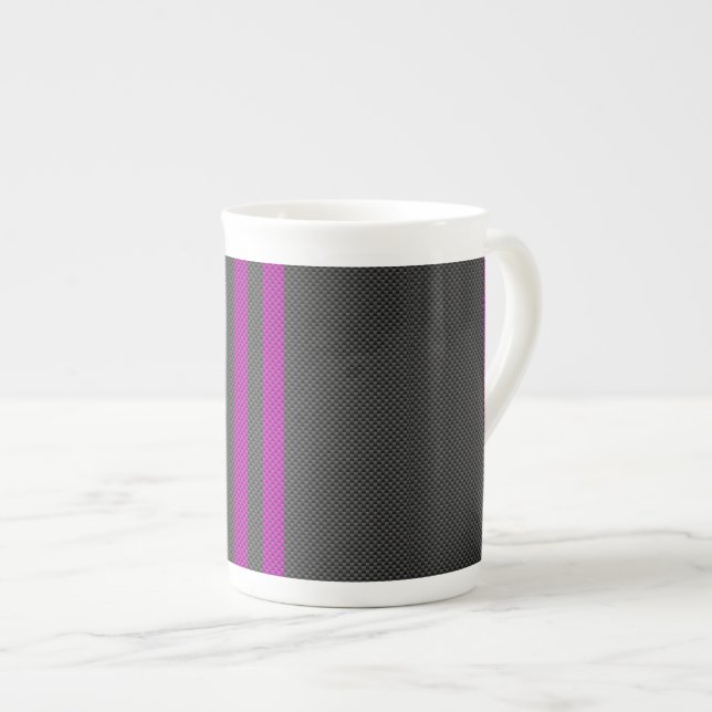 Fuchsia Pink Stripes in Carbon Fibre Style Bone China Mug (Front Right)