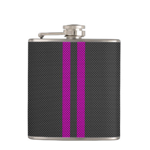 Fuchsia Pink Stripes in Carbon Fibre Style Hip Flask