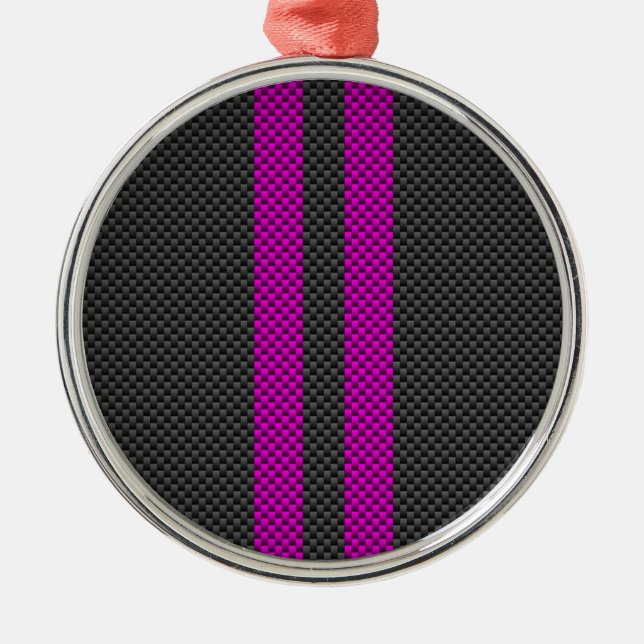 Fuchsia Pink Stripes in Carbon Fibre Style Metal Ornament (Front)
