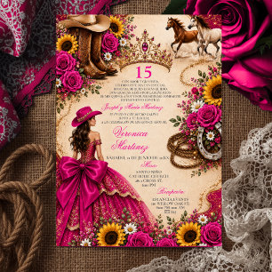 Fuchsia Pink Sunflower Rose Vaquera Quinceañera Invitation
