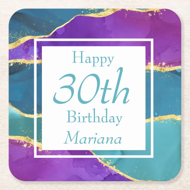 Fuchsia Pink Teal Gold Birthday Party Square Paper Coaster (Front)