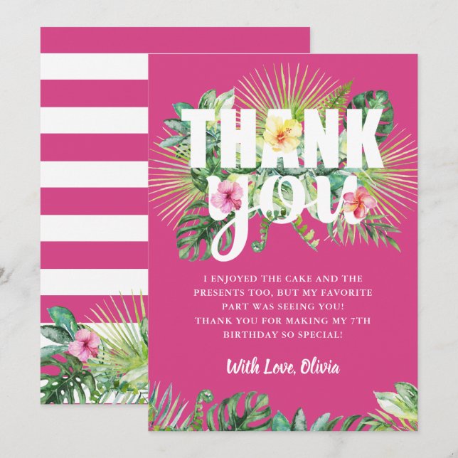 Fuchsia Pink Tropical Greenery Floral Birthday Thank You Card (Front/Back)