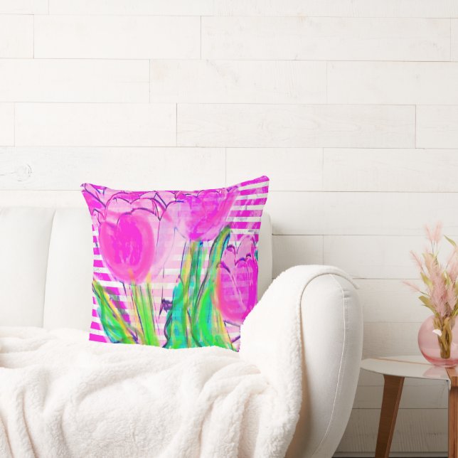 Fuchsia Pink Tulips in a Vase Multimedia  Throw Pillow (Couch)