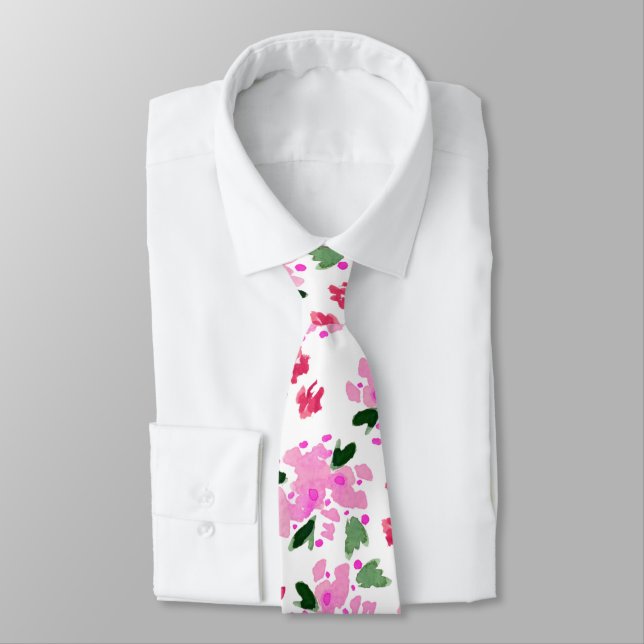 Fuchsia Pink Watercolor Floral Garden Neck Tie (Tied)