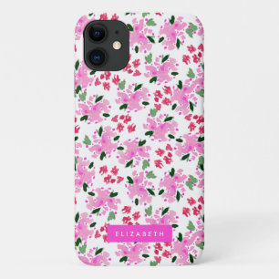 Fuchsia Pink Watercolor Floral Garden Personalized iPhone 11 Case