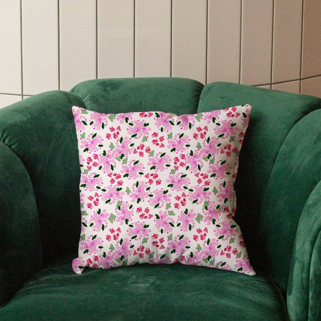 Fuchsia Pink Watercolor Floral Garden Throw Pillow (Fuchsia pink watercolor painted floral garden throw pillow)
