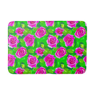 Fuchsia Pink Watercolor Rose Pattern Bath Mat