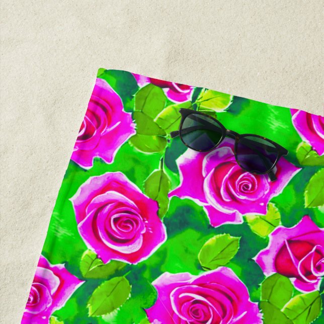 Fuchsia Pink Watercolor Rose Pattern Beach Towel (In Situ)