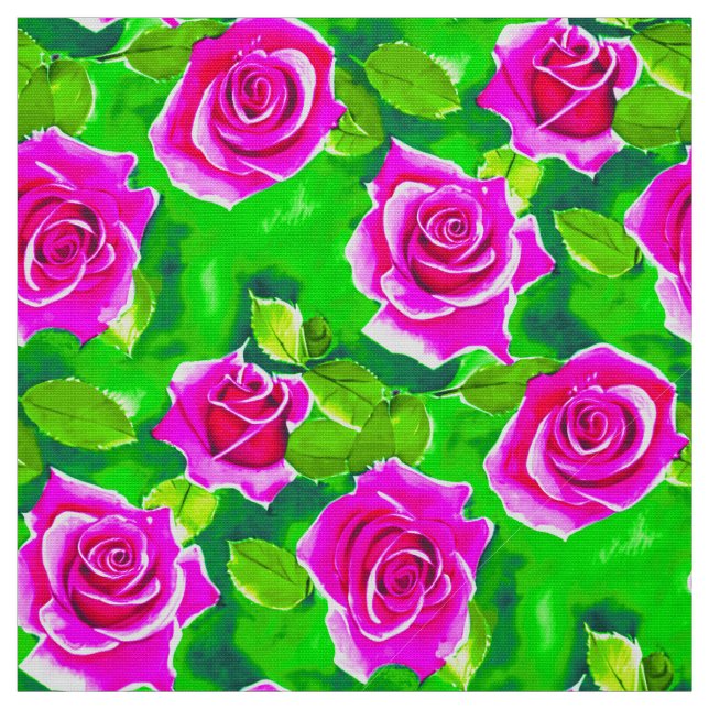 Fuchsia Pink Watercolor Rose Pattern Fabric (Swatch)