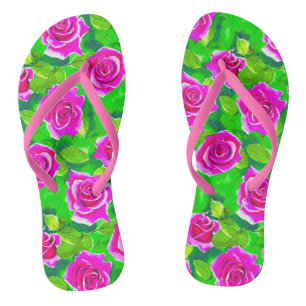 Fuchsia Pink Watercolor Rose Pattern Flip Flops