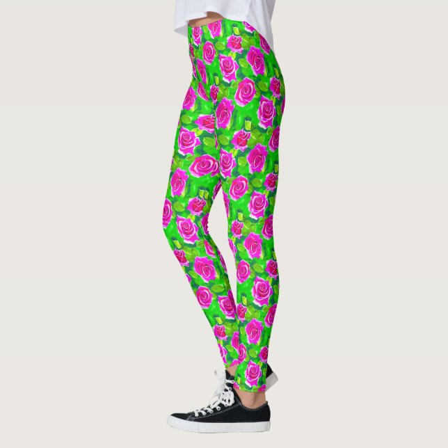 Fuchsia Pink Watercolor Rose Pattern Leggings (Left)
