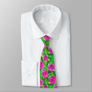 Fuchsia Pink Watercolor Rose Pattern Tie