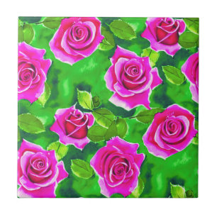 Fuchsia Pink Watercolor Rose Pattern Tile