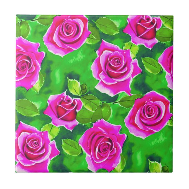 Fuchsia Pink Watercolor Rose Pattern Tile (Front)