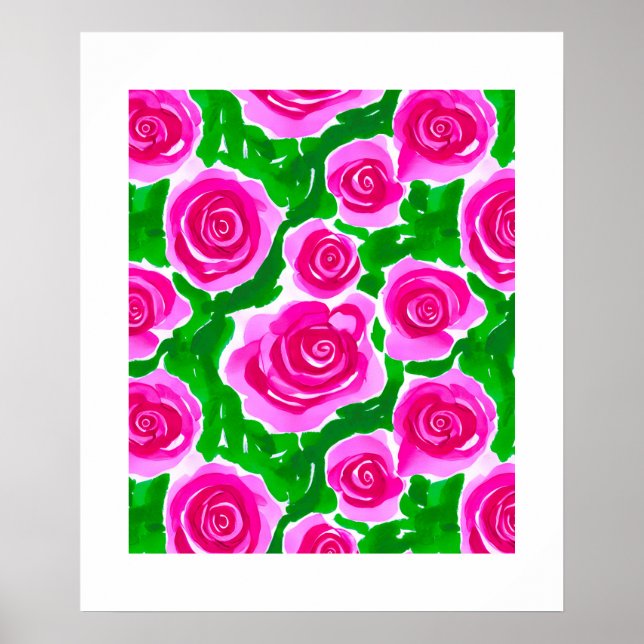 Fuchsia Pink Watercolor Roses Poster (Front)