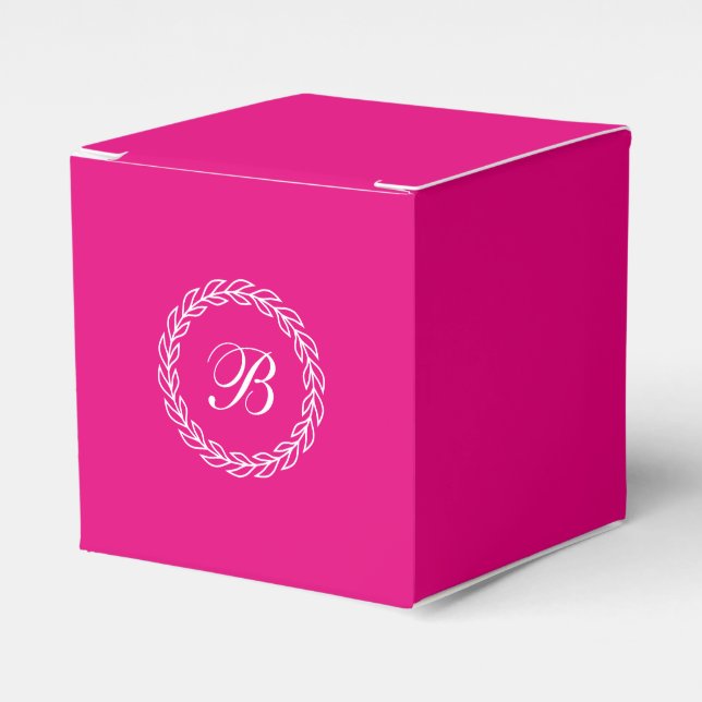 Fuchsia Pink White Laurel Wreath with Monogram Favor Box (Front Side)