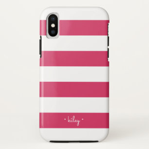 Fuchsia Pink & White Stripe Personalized iPhone XS Case