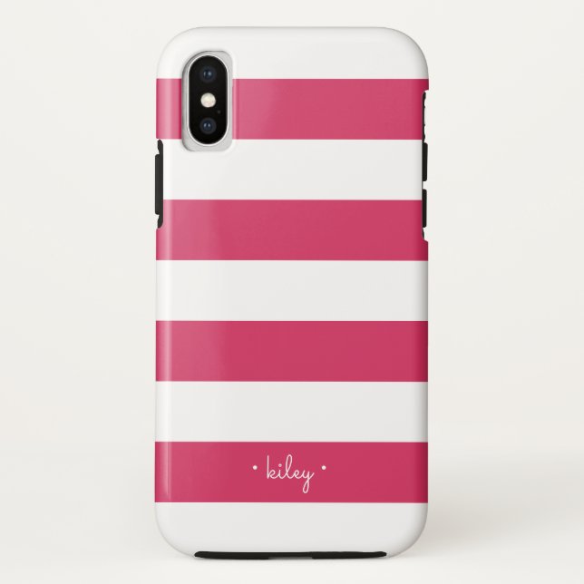 Fuchsia Pink & White Stripe Personalized Case-Mate iPhone Case (Back)