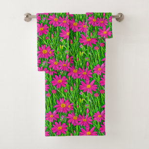Fuchsia Pink Wildflowers in a Field  Bath Towel Set